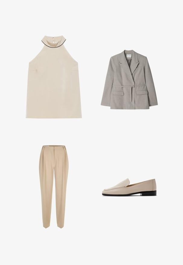 Grijze blazer met riem van gestructureerde stof. Kenmerken zijn een opstaande kraag, twee voorzakken en een getailleerde pasvorm.; Beige mouwloze haltertop van gladde stof met een hoge kraag en een rits aan de achterkant, met een minimalistisch ontwerp en geen zichtbare patronen.; Beige op maat gemaakte broeken met riemlussen, rechte pijpen en een verborgen voorknopen, gepresenteerd op een witte achtergrond.; Beige leren loafers met een gladde textuur, ronde neus en minimale stiksels. Voorzien van een lage zwarte hak en een insteekontwerp.