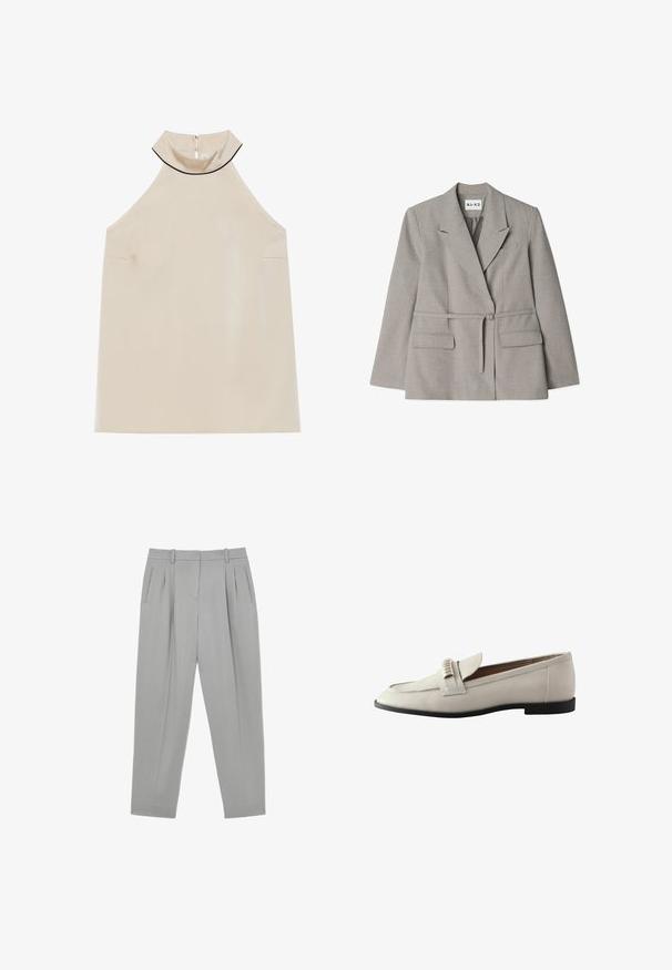 Grijze blazer met riem van gestructureerde stof. Kenmerken zijn een opstaande kraag, twee voorzakken en een getailleerde pasvorm.; Beige mouwloze haltertop van gladde stof met een hoge kraag en een rits aan de achterkant, met een minimalistisch ontwerp en geen zichtbare patronen.; Lichtgrijze formele broek met voorplooien, zijzakken, riemlussen en taps toelopende pijp.; Lichtgrijze leren instaploafer met een ronde neus, decoratieve voorkantstrap en een lage zwarte rubberen hak. Soepele textuur met minimale versieringen.