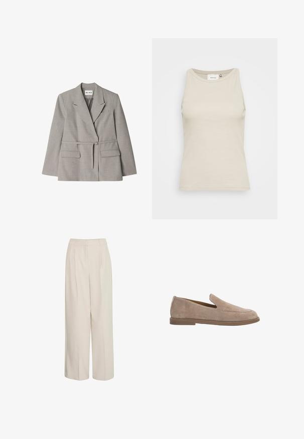 Grijze blazer met riem van gestructureerde stof. Kenmerken zijn een opstaande kraag, twee voorzakken en een getailleerde pasvorm.; Lichtbeige tanktop van ribstof met een ronde hals en mouwloos ontwerp. Voorzien van een subtiele merklabel aan de binnenkant.; Hoge taille romige wijde broek met plooien, gemaakt van soepele stof, met een strak design en op maat gemaakte pasvorm.; Beige suède instapper met lage platte bruine zool en mocassinnaaistijl detail op het bovenwerk.