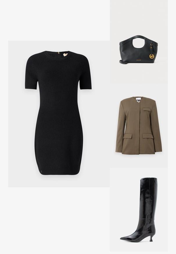 Blazer marrón a medida con cuello redondo, cierre frontal, un bolsillo en el pecho y dos bolsillos frontales con solapa. Tejido suave con líneas limpias.; Vestido negro de punto con textura acanalada, mangas cortas y escote redondo. Cuenta con una cremallera en la parte posterior y una forma ajustada.; Botas de cuero negras hasta la rodilla con un acabado brillante, punta afilada y un pequeño tacón cuadrado. Textura suave, detalles de costura mínimos.; Bolso de piel negra Michael Kors con asa redonda en la parte superior, charm de logotipo dorado y correa de hombro desmontable sobre fondo blanco.