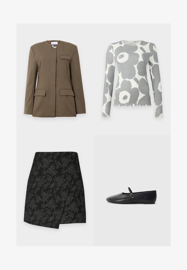 Blazer marrón a medida con cuello redondo, cierre frontal, un bolsillo en el pecho y dos bolsillos frontales con solapa. Tejido suave con líneas limpias.; Top de manga larga acanalado en gris con grandes patrones florales blancos, que presenta un dobladillo festoneado y un cuello redondo.; Falda negra con un diseño envolvente que presenta un patrón de hojas en tonos plateados. Textura suave con un dobladillo asimétrico, de longitud hasta medio muslo.; Bailarinas de cuero negro con punta afilada, suela plana y una pequeña correa con detalle de hebilla plateada.