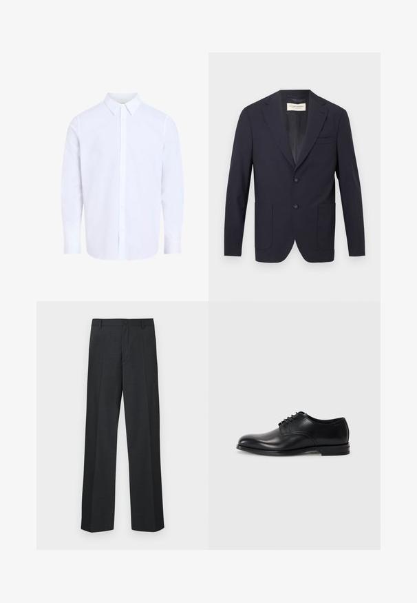 Mænds mørkeblå skræddersyede blazer med hak revers, to forreste påsyede lommer, brystlomme med kant og lukning med to knapper.; Hvid, langærmet skjorte med knapper, klassisk krave, lavet af glat stof, med knapstolpe foran og afrundet kant.; Mørkegrå bukser med lige ben, lavet af tekstureret stof, med enkel knaplukning og sidelommer.; Sorte læderherresko med rund tå, snørebåndsdesign, glat overflade og en lavprofil gummisål. Minimal syning detaljer.