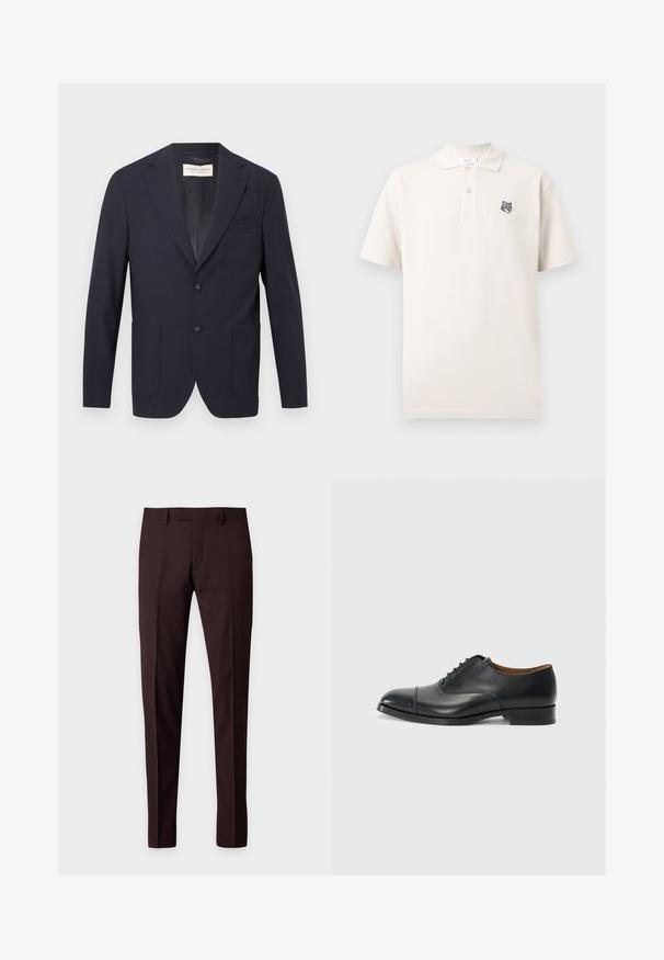Donkerblauwe op maat gemaakte herenblazer met inkeping revers, twee voorzakken met klep, een borstzak met paspel en een sluiting met twee knopen.; Gebroken witte polo met korte mouwen, voorzien van twee knopen en een kleine geborduurde wolfskop op de linkerborst.; Donkerbruine slim-fit nette broek met riemlussen, voorvouw en zonder zichtbare zakken, getoond tegen een effen lichte achtergrond.; Zwarte leren dress shoe met een gladde afwerking, ronde neus, vijf gaten voor veters, en een lage blokhak. Minimalistisch ontwerp met subtiele stiksels.