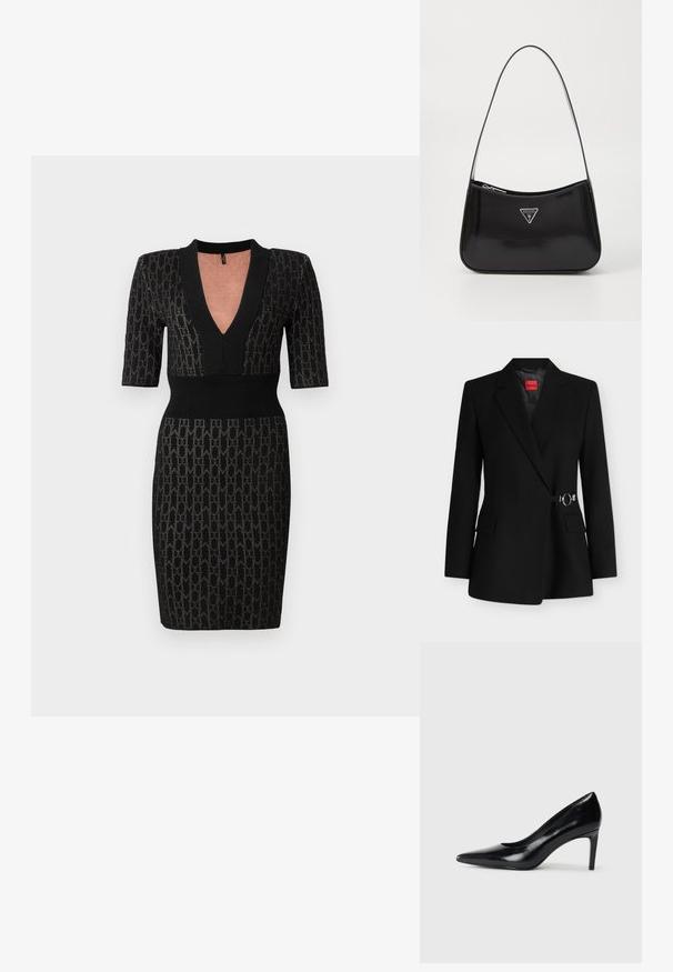 Op maat gemaakte zwarte blazer met gekartelde revers, klepzakken en een zilverkleurige zijsluiting met gesp. Rood Hugo-label in de kraag genaaid.; Zwarte gebreide jurk met een diepe V-hals, korte mouwen en een getailleerde bodice. Bevat een textuurpatroon en ribbelaccenten bij de halslijn en taille.; Zwarte leren hoge hak met een spitse neus, een gladde textuur en een tapse hak. Minimalistisch ontwerp, geen extra versieringen.; Zwarte lakleren schoudertas met een gebogen vorm, voorzien van een zilveren driehoeklogo en een ritssluiting. Gladde textuur en slanke schouderband.