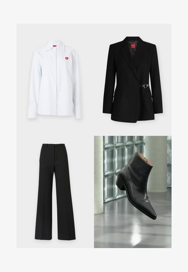 Blazer noir ajusté avec revers crantés, poches à rabat et fermeture latérale à boucle argentée. Étiquette Hugo rouge cousue à l'intérieur du col.; Chemise à rayures boutonnée en coton bleu clair, avec un col classique et un petit logo en forme de cœur rouge sur la poitrine. Manches longues avec poignets.; Pantalons black à jambes larges avec un design sur mesure, présentant une texture lisse et de subtils plis à l'avant. Pas de garnitures ou de motifs visibles.; Bottine en cuir noir avec un bout pointu et un talon carré lévitant au-dessus d'un sol gris réfléchissant près d'un mur en blocs de verre.