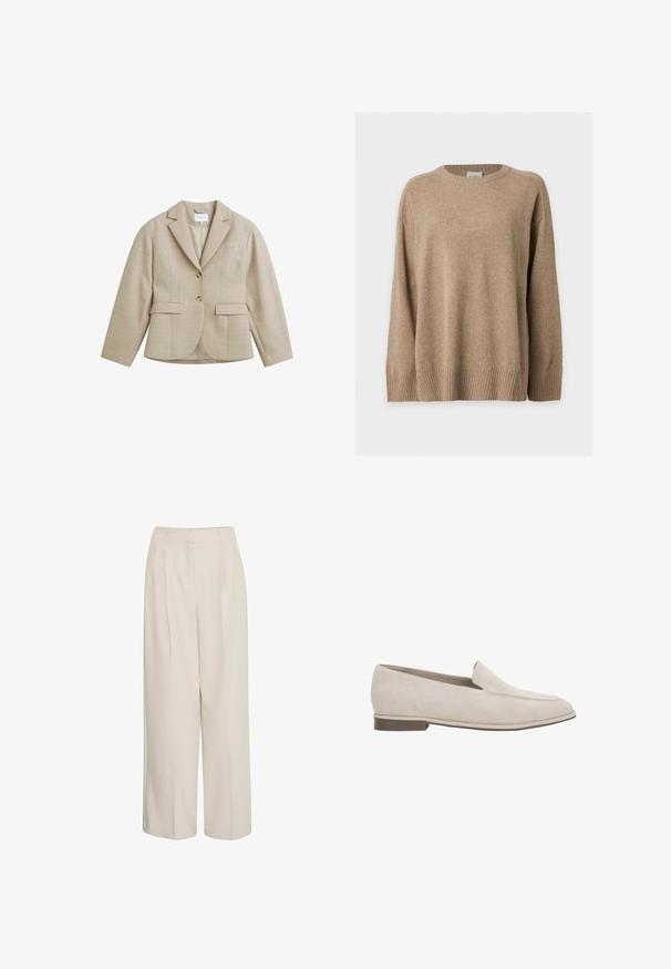 Beige getailleerde blazer met kraag met inkeping, twee knopen, twee klepzakken aan de voorkant en een borstzak met bies, gemaakt van gestructureerde stof.; Beige lange mouw gebreide trui met geribde manchetten, zoom en ronde hals, plat liggend op een witte achtergrond.; Hoge taille romige wijde broek met plooien, gemaakt van soepele stof, met een strak design en op maat gemaakte pasvorm.; Beige suède instapper loafer met lage hak, puntige neus en minimale stiksel details aan de bovenzijde.