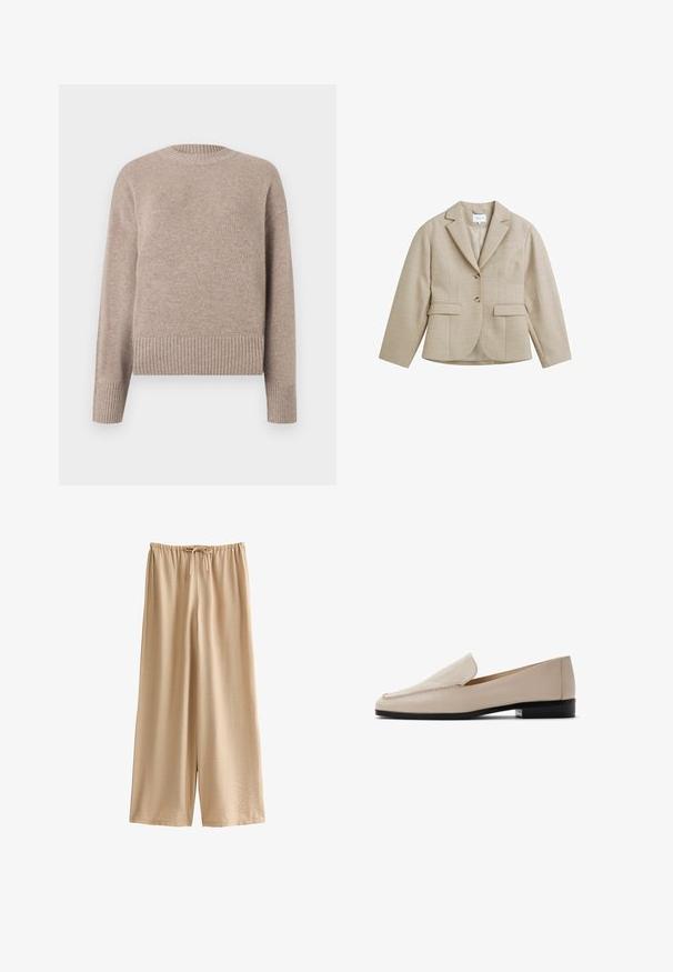 Beige skræddersyet blazer med hakrevers, to knapper, to forlommer med klap og en brystlomme med stikning, lavet af tekstureret stof.; Beige strikket sweater med rund hals, ribbede manchetter og kant. Blød tekstur og afslappet pasform, velegnet til afslappet brug.; Nudemalet bukser med vide ben lavet af blødt, let stof, med elastik i taljen og snor samt en afslappet pasform.; Beige læderloafers med en glat tekstur, rund tå og minimal syning. Med en lav sort hæl og slip-on design.
