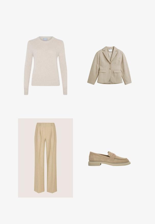 Beige getailleerde blazer met kraag met inkeping, twee knopen, twee klepzakken aan de voorkant en een borstzak met bies, gemaakt van gestructureerde stof.; Style Republic Trui - sand; Beige wijde broek met een gestructureerde afwerking, voorzien van plooien aan de voorkant, een hoge taille en een rechte silhouet. Geen zichtbare hardware of patronen.; Beige suède loafer met lage hak, afgeronde neus en banddetail over het bovenwerk, zijaanzicht op een witte achtergrond.