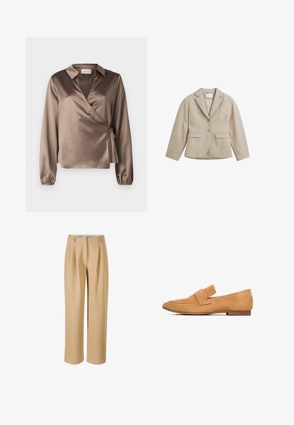 Veste beige cintrée avec revers crantés, deux boutons, deux poches frontales à rabat et une poche poitrine passepoilée, en tissu texturé.; Blouse en satin marron à manches longues, col et détail de nouage sur le côté. Texture lisse avec une légère brillance, dotée d'un décolleté en V.; Pantalons larges beige en tissu lisse, avec des plis à l'avant et une taille ajustée. Pas de poches visibles ni d'ornements.; Mocassins en cuir suédé tan avec un talon plat, un bout arrondi et une sangle cousue sur le devant pour une finition raffinée.