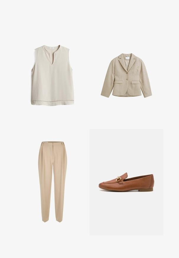 Beige getailleerde blazer met kraag met inkeping, twee knopen, twee klepzakken aan de voorkant en een borstzak met bies, gemaakt van gestructureerde stof.; Beige mouwloze blouse met een V-hals, gemaakt van soepele stof, met een decoratieve stiksel langs de zoom voor extra detail.; Beige op maat gemaakte broeken met riemlussen, rechte pijpen en een verborgen voorknopen, gepresenteerd op een witte achtergrond.; Bruine leren instappers met een ronde neus, voorzien van een decoratieve gouden hardwareaccent. Platte zool en een glanzende afwerking.