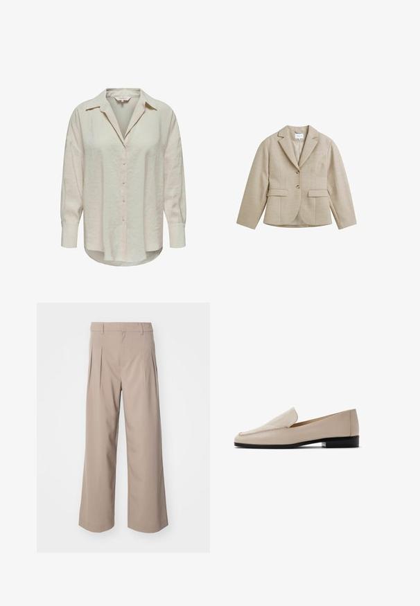 Beige räätälöity bleiseri lovipiikeillä, kahdella napilla, kahdella etutaskulla, joissa läpät, ja rintataskulla, valmistettu teksturoidusta kankaasta.; Vaaleanbeige nappikauluspaita, jossa on pitkät hihat ja hieman teksturoidun näköinen kangas. Sisältää kaarevat helmat ja etunappilot.; Harmaat leveät housut, joissa on laskokset, valmistettu sileästä kankaasta. Ominaisuuksiin kuuluu keskimittainen vyötärö ja siisti, räätälöity siluetti.; Beiget nahkaiset loaferit, joissa on sileä pinta, pyöreä kärki ja minimaalinen ompelu. Niissä on matala musta korko ja liukuri-mallinen muotoilu.