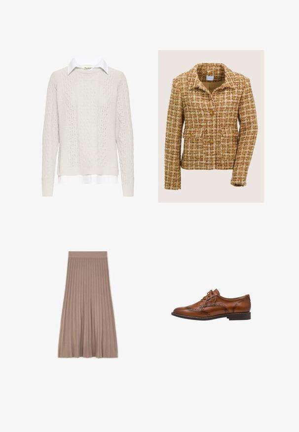Veste en tweed marron et beige avec un col cranté, trois boutons sur le devant et deux poches à rabat avec bouton, présentée sur un fond uni.; Pull crème en maille torsadée avec une chemise à col blanc en dessous. Comprend des manches longues, des poignets et un ourlet côtelés. Motif tricoté texturé.; Jupe plissée mi-longue de couleur taupe avec une taille élastique, présentée à plat sur un fond blanc.; Chaussure Oxford brogue en cuir marron avec détails à bout ailé, perforations, lacets et talon bas empilé sur fond blanc.