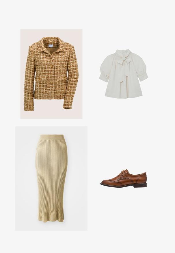 Bruine en beige tweedjas met een notch-kraag, drie voorste knopen en twee knoopflapzakken, gepresenteerd op een effen achtergrond.; Roomkleurige blouse met een striksluiting bij de kraag, smokwerktekening en pofmouwen met knoopmanchetten. Soepele stof, ontspannen pasvorm.; Gebreide potloodrok in lichtbeige, met verticale ribbels, een aansluitende taille en een uitlopende zoom met subtiele afwerkingen aan de onderkant.; Bruine leren brogue oxford schoen met wingtip-details, perforaties, veters en lage gestapelde hak op een witte achtergrond.