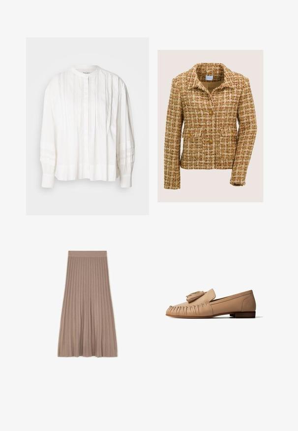 Veste en tweed marron et beige avec un col cranté, trois boutons sur le devant et deux poches à rabat avec bouton, présentée sur un fond uni.; Blouse blanche avec un col rond, fermeture à boutons et plis verticaux. Manches longues avec une texture froncée, fabriquée en tissu léger.; Jupe plissée mi-longue de couleur taupe avec une taille élastique, présentée à plat sur un fond blanc.; Mocassin en cuir beige avec détail à glands, coutures de style mocassin et petit talon en bois, présenté en profil latéral sur fond blanc.
