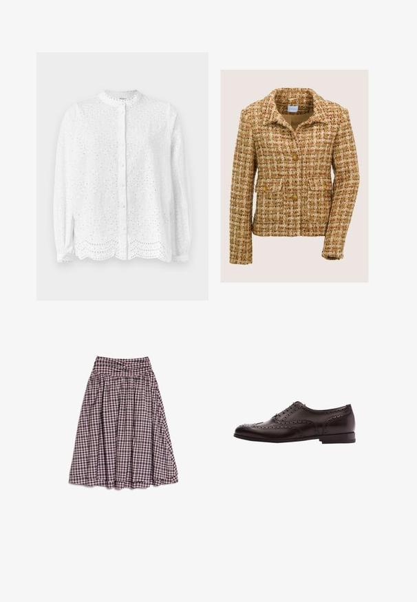 Braune und beige Tweedjacke mit Reverskragen, drei vorderen Knöpfen und zwei gepolsterten Taschen mit Knopf, vor einem schlichten Hintergrund präsentiert.; Weiße Bluse mit rundem Ausschnitt, langen Ärmeln und Knopfverschluss; verfügt über bestickte Aussparungen und einen gewellten Saum.; Pink-schwarz karierter knielanger Rock mit gerafftem Bund und ausgestelltem A-Linien-Schnitt auf weißem Hintergrund.; Braune Leder-Hausschuhe mit Broguedetails, Schnürverschluss, runder Zehenform und niedrigem Blockabsatz. Polierte Oberfläche und filigrane Perforationen.