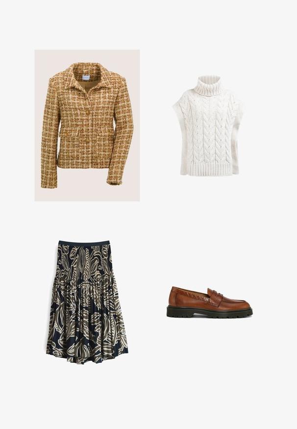 Braune und beige Tweedjacke mit Reverskragen, drei vorderen Knöpfen und zwei gepolsterten Taschen mit Knopf, vor einem schlichten Hintergrund präsentiert.; Cremefarbener, kragenloser Pullover aus Kabelstrick mit kurzen Ärmeln und geripptem Saum. Merkmale sind das strukturierte Muster und Details mit offenen Maschen.; Schwingender Rock aus navy-blauem Stoff mit einem auffälligen beigen botanischen Muster. Elastischer Taillenbund und plissiertes Design sorgen für Volumen. Leichte Textur.; Braune Leder-Loafers mit strukturiertem Akzent; runde Zehenpartie und gestickte Details; robuster schwarzer Gummiaußensohle für guten Halt.