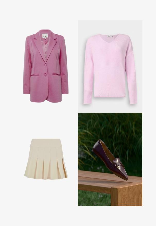 Rosa Blazer mit taillierter Passform, zwei Knöpfen, Reverskragen und Seitentaschen. Glattes Material mit leicht strukturiertem Finish.; Weicher Strickpullover in Pastellrosa mit langen Ärmeln und V-Ausschnitt, flach auf einem einfarbigen Hintergrund dargestellt.; Beige Faltenrock mit einem taillierten Bund, aus einem glatten Stoff gefertigt. Verfügt über mehrere vertikale Falten und einen geraden Saum.; Brauner Lederloafer mit Schleifendetail, der über einer Holzbank schwebt, grüne Blätter im unscharfen Hintergrund.