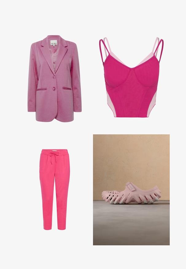 Blazer rosa con un corte ajustado, dos botones, solapas con muesca y bolsillos laterales. Tejido suave con un acabado ligeramente texturizado.; Top corto rosa brillante con finas tiras dobles en los hombros y paneles de malla en los laterales.; Pantalones de chándal de algodón rosa con cintura elástica, cordón ajustable y dos bolsillos frontales. Diseño de pierna tapered con una textura suave.; Zuecos Crocs rosas hechos de material ligero, con un diseño ventilado con recortes, correa ajustable y detalles blancos en la suela.