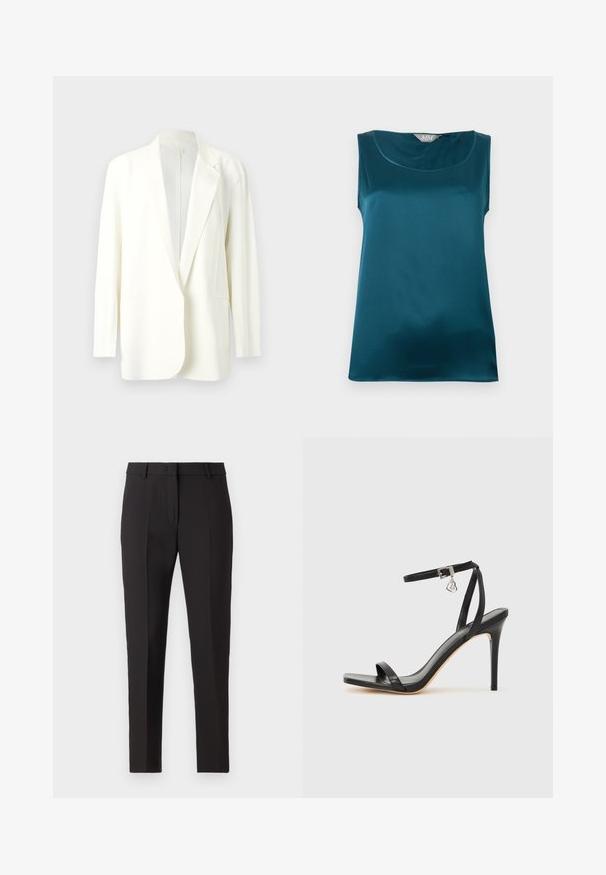 Blazer blanc pour femme avec revers crantés, manches longues et fermeture à bouton unique sur le devant, présenté sur un fond clair uni.; Blouse sans manches en satin turquoise avec encolure arrondie et texture de tissu lisse et brillante, posée à plat sur un fond blanc.; Pantalon noir ajusté avec une coupe droite, doté d'un devant plat, de passants de ceinture et sans motifs ni embellissements visibles.; Sandale à talon haut noire avec une bride étroite à la cheville, bout carré, cuir lisse et accent de boucle métallique.