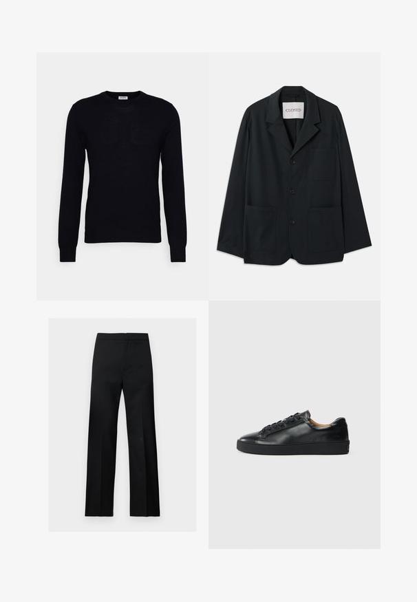 CLOSED WORKWEAR - Blazere - dark night; Sort langærmet sweater lavet af blødt strikket materiale. Rund halsudskæring, ribbede manchetter og kant. Minimalistisk design uden synlige mønstre eller knapper.; Sorte, lige formelle bukser med høj talje og et rent, minimalistisk design, vist på en ensartet lys baggrund.; Sorte lædersneakers med en glat overflade, rund tå og snørebåndslukning. Har en tyk gummisål og minimal branddetalje.