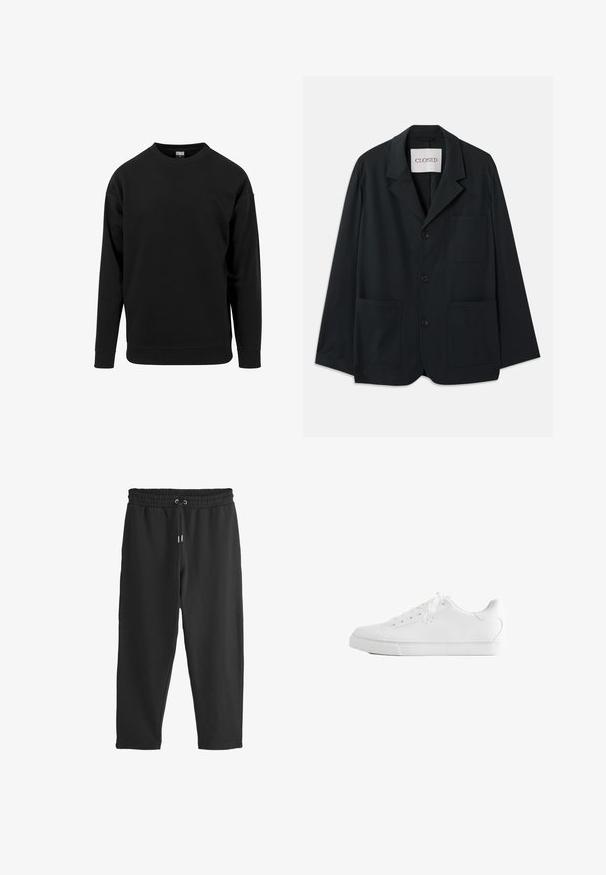 CLOSED WORKWEAR - Blazere - dark night; Sort sweatshirt lavet af blødt stof. Har en rund halsudskæring, lange ærmer og ribbede manchetter og kant. Enkel, udekoreret design.; Sorte afslappede bukser med elastisk taljebånd og snøre foran, lige ben pasform, uden synlige lommer eller mønstre.; Hvid lavtop sneakers med snørebånd, glat læderoverdel og flad gummiå sole set fra siden på en hvid baggrund.