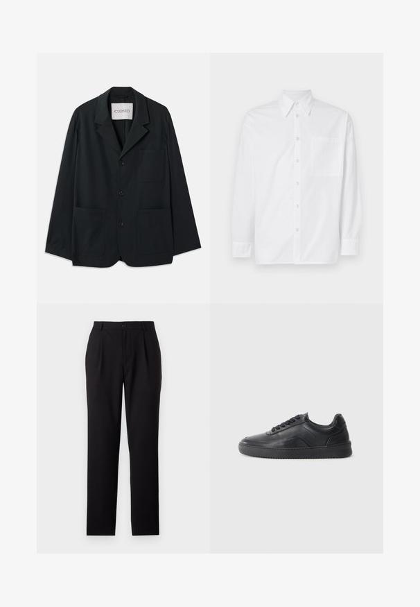 CLOSED WORKWEAR - Blazerjasje - dark night; Witte lange mouwen shirt van katoen. Het heeft een klassieke kraag, een sluiting aan de voorkant met knopen, en een enkele borstzak aan de linkerkant.; Zwarte broek met een rechte pijpdesign, gemaakt van gladde stof. Kenmerkt zich door voorvouwen en een knoopsluiting aan de taille.; Zwarte leren sneaker met een gladde afwerking, ronde neus, textuurpaneel aan de zijkant en zwarte veters. Voorzien van een platte rubberen zool en een minimalistisch ontwerp.