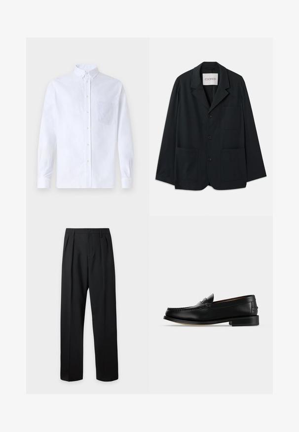 CLOSED WORKWEAR - Blazerjasje - dark night; Witte lange mouwen overhemd van katoen, met een borstzak met tonale borduring, een kraag en knopenmanchetten.; Zwarte, hoog getailleerde, op maat gemaakte broek met riemlussen, voorplooien, knoopsluiting en rechte, wijde pijpen op een lichte achtergrond.; Zwarte leren herenloafer met een lage hak en mocassinstiksels op de teen, zijaanzicht op een effen achtergrond.
