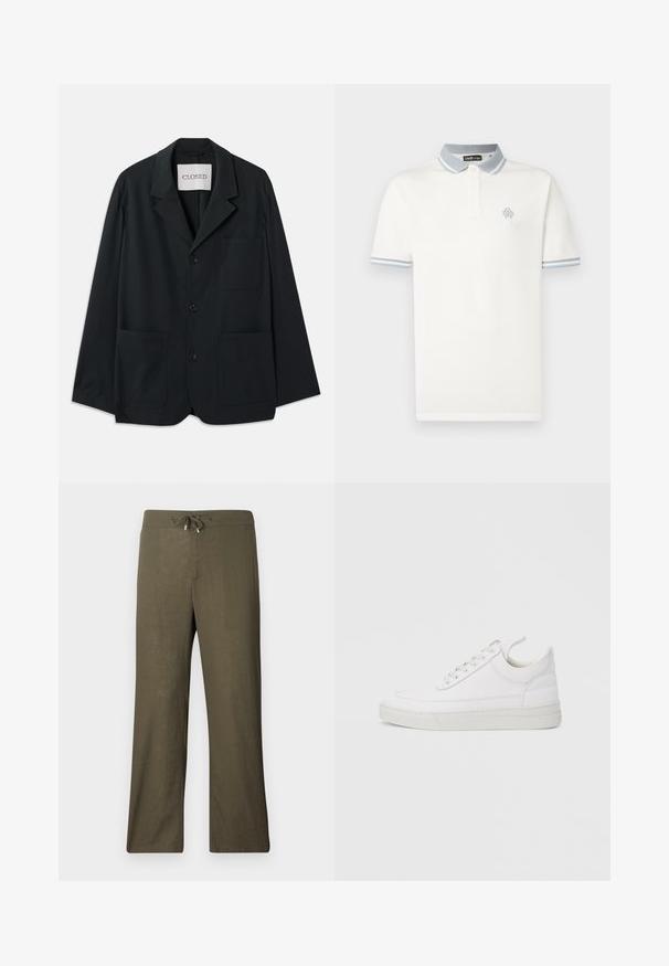 CLOSED WORKWEAR - Veste de costume - dark night; Polo blanc en coton, avec un col bleu clair contrastant rayé, des manches courtes et un petit logo brodé sur la poitrine.; Pantalons en lin olive, ample, avec taille à cordon et jambes larges. Texture lisse, design minimaliste, sans motifs ni accents visibles.; Baskets en cuir blanc avec un embout arrondi, une semelle plate et un laçage à l'avant. Présentent des détails de couture et un col rembourré pour plus de confort.