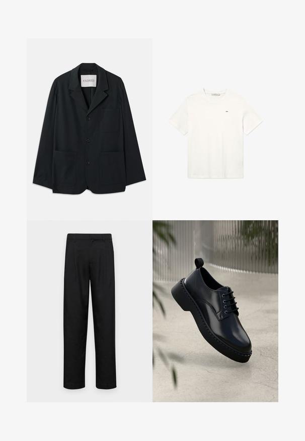 CLOSED WORKWEAR - Blazerjasje - dark night; Witte katoenen T-shirt met korte mouwen, ronde hals en een klein zwart logo op de borst. Eenvoudig, onopgesmukt design.; Zwarte broeken van gladde stof, met een recht model, twee voorknikken en een standaard tailleband met riemlussen.; Zwarte leren schoen met een ronde neus, vetersluiting en een dikke rubberen zool met een gestructureerde rand. Strakke afwerking en minimale hardware.
