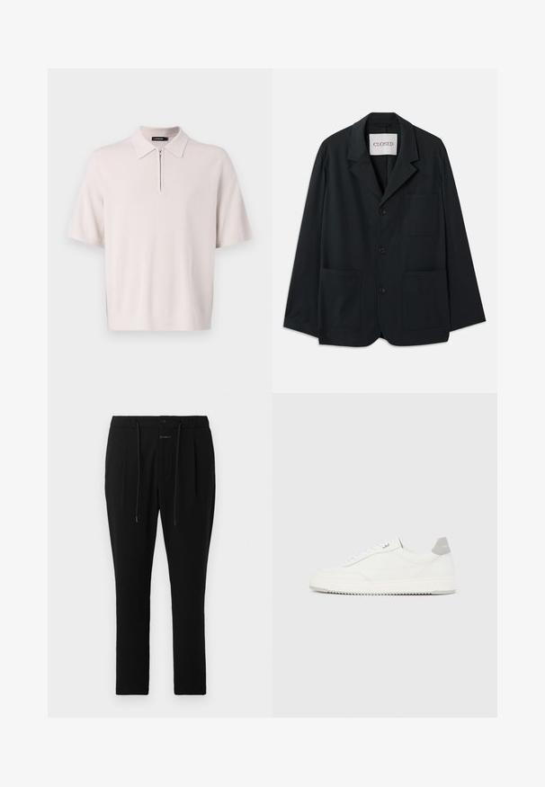 CLOSED WORKWEAR - Veste de costume - dark night; Polo court beige clair à manches courtes avec un col zippé et un ourlet côtelé, fabriqué en tissu tricoté doux. Présente un design de col classique.; CLOSED VIGO TAPERED - Chino - dark night; Baskets basses blanches avec un onglet de talon gris, des lacets blancs et une semelle texturée, présentées sur un fond uni clair.