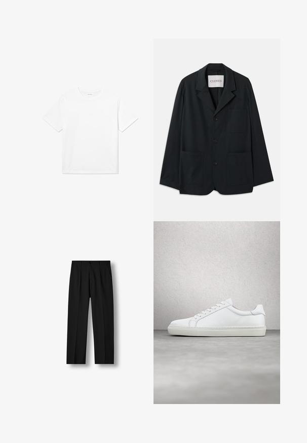 CLOSED WORKWEAR - Americana - dark night; Camiseta de algodón blanca con mangas cortas, cuello redondo y dobladillo recto. Textura suave sin patrones ni acentos visibles.; Pantalones negros de pierna recta con pliegues delanteros, cintura con botones y bolsillos laterales sobre fondo blanco liso.; Zapatilla blanca con parte superior de cuero liso y perfil bajo. Presenta una puntera redondeada, seis ojales y una suela de goma texturizada.