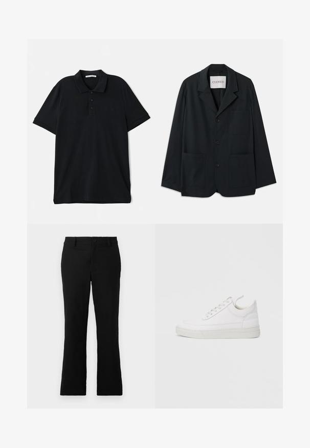 CLOSED WORKWEAR - Americana - dark night; Polo negro de algodón, con cuello clásico, tapeta de tres botones, mangas cortas y un discreto detalle del logo en la parte frontal.; Pantalones de campana negros hechos de una mezcla de algodón, con cierre de botón, trabillas para el cinturón y una textura suave sin patrones visibles.; Zapatilla blanca de cuero con punta redondeada, suela plana y cierre de cordones. Presenta detalles de costuras y un cuello acolchado para mayor comodidad.