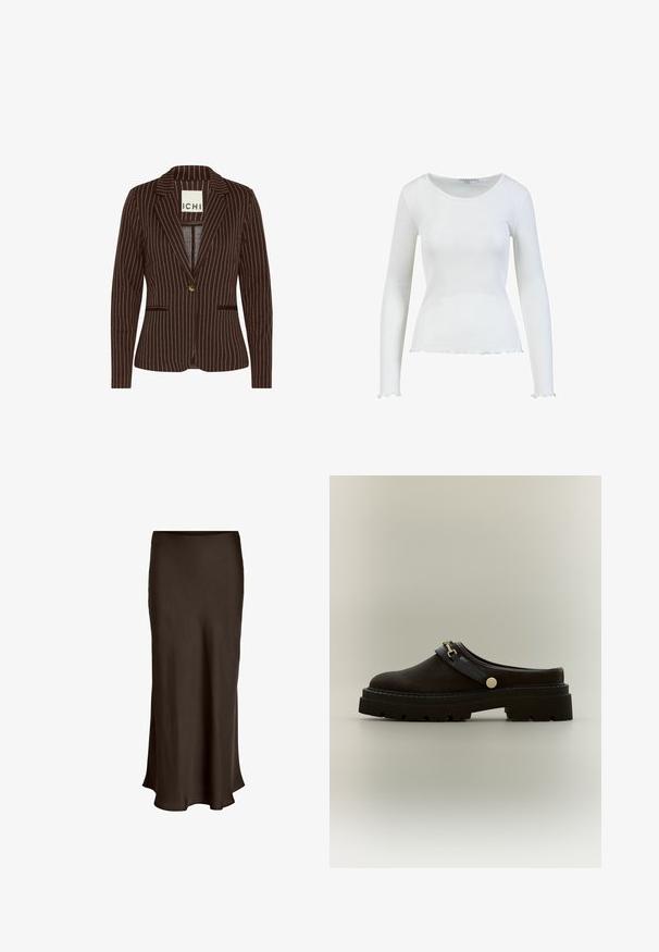 Brauner Blazer mit feinen Streifen, einem einzigen Knopf, Schößchen und zwei vorderen Taschen. Hergestellt aus leichtem Stoff mit glatter Textur.; Weißes, geripptes Langarmshirt mit gewellten Abschlüssen an Bündchen und Saum, mit rundem Halsausschnitt.; VILA VIELLETTE HW MIDI SKIRT - NOOS - Maxirock - coffee bean; Dunkelbrauner Slipper mit dicker, robuster Sohle, dekorativer goldener Schnalle und niedrigem Absatz hinten vor einfarbigem Hintergrund.