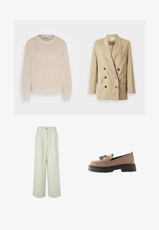 Bežový ľanový blazer s dvojradovým zapínaním, špicatými revermi, dvoma prednými vreckami a čiernymi gombíkmi. Vyznačuje sa minimalistickým dizajnom a štruktúrovanou tkaninou.; Anna Field by Zalando Svetrík - grey; Krémské nohavice s vysokým pásom a širokými nohavicami, s pútkami na opasok, zapínaním na gombík a prednými záhybmi, navrhnuté pre pohodlný strih.; Béžové kožené loafer topánky s ozdobou vo forme strapca, s hrubou čiernou platformou a textúrovaným povrchom, navrhnuté pre pohodlie a stabilitu.