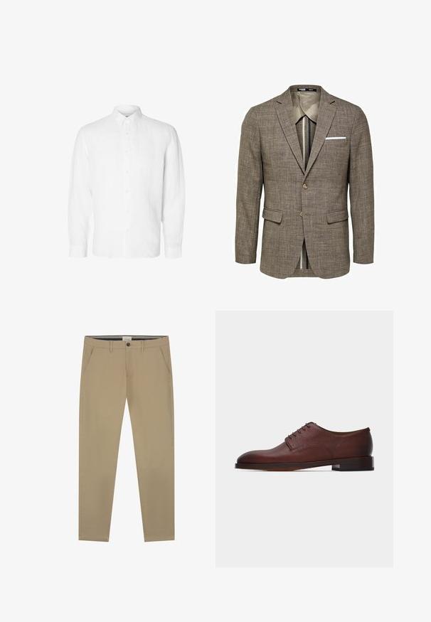 Brauner Leinenblazer mit strukturierter Oberfläche, Ein-Knopf-Verschluss, Reverskragen und zwei Fronttaschen. Ausgestattet mit einem kontrastierenden Innenfutter.; Weißes Langarmhemd aus Leinen mit Button-Down-Kragen, vorderen Knöpfen und einer lässigen Passform mit geraden Manschetten.; Beige Chinos aus glattem Baumwollstoff, mit geradem Bein, einem Knopfverschluss und zwei Seitentaschen. Dezente Nähdetails.; Klassischer Herrenschuh aus braunem Leder im Oxford-Stil mit niedrigem Absatz und geschlossener Schnürung, im Profil auf hellem einfarbigem Hintergrund dargestellt.