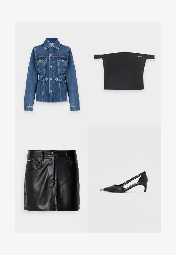 Blå denimjakke med knapper foran, to brystlommer, bælte i taljen og en let frynset kant forneden.; Sort crop top med off-shoulder design, fremstillet af glat stof. Har smalle stropper og et lille hvidt Calvin Klein-logo på forsiden.; Sort læder mini-nederdel med skræddersyet design, der har forlommer, knaplukning og en glat overflade.; Sort læder kitten heel med spids sølvfarvet tåhætte og dobbelte spænderemme på hvid baggrund.
