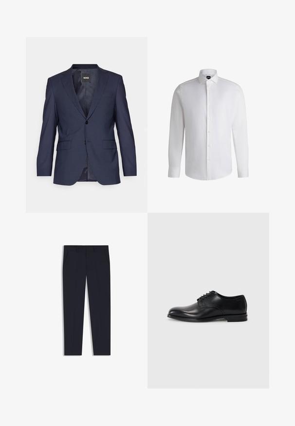 Blazer azul marino hecho de tela texturada, con un diseño de un solo botón, solapas en muesca, dos bolsillos frontales y dos botones.; Camisa blanca de manga larga hecha de algodón suave, con un cuello clásico, botonera completa y puños abotonados. Diseño minimalista.; Pantalones azul marino con un corte ajustado, que cuentan con dos bolsillos frontales, un diseño plano en la parte delantera y una textura suave. Sin patrones ni adornos visibles.; Zapato de vestir de cuero negro con punta redondeada, diseño con cordones, textura suave y suela de goma de perfil bajo. Detalles de costura mínimos.