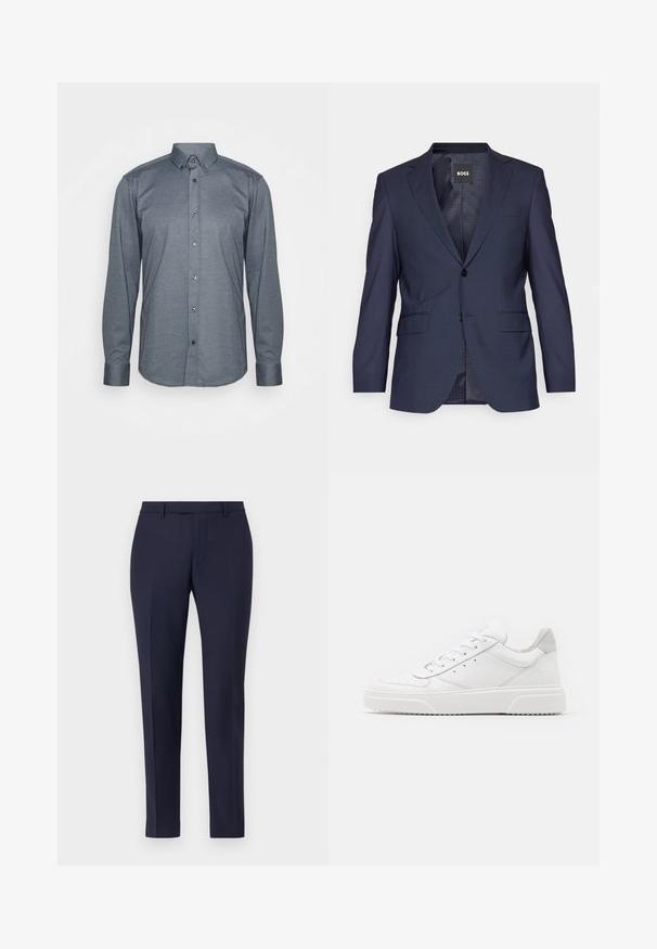 Marineblaues Blazer aus strukturiertem Stoff, mit einreihigem Design, Reverskragen, zwei vorderen Taschen und zwei Knöpfen.; Langärmliges Hemd mit Knöpfen aus dunkelgrauem Stoff, mit einem Kragen, Frontknöpfen und Manschetten. Glatte Textur mit passgenauer Design.; Navyblaue maßgeschneiderte Hose mit einem eleganten Design, flachem Vorderteil, schmalen Beinen und ohne sichtbare Beschläge oder Muster. Glatte Stofftextur.; Weiße Leder-Sneaker mit glatter Oberfläche, rundem Zehenbereich, flachen Schnürsenkeln und strukturiertem Schuhsohlen. Graues Wildleder-Detail an der Ferse.
