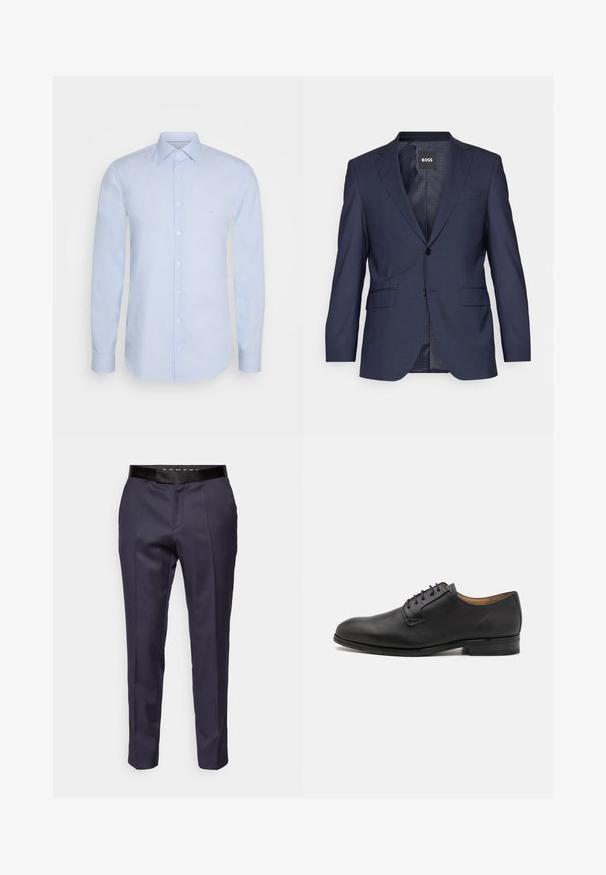 Marineblå blazer lavet af struktureret stof, med enkeltrækkende design, notch-lapel, to frontlommer og to knapper.; Lyseblå langærmet skjorte lavet af glat bomuld, med klassisk krave, knaplukning og diskret branding på brystet.; Marineblå skræddersyede bukser med en glat tekstur, der har en sort talje og kantdetaljer langs fronten for et formelt udseende.; Sorte læder dress sko med rund tå, snørebåndsdesign, glat tekstur og minimal branding på hælen.