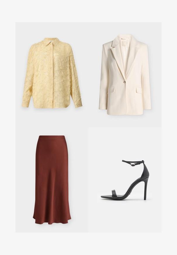 Kremfarvet enkelt-knap blazer med hakket revers og klaplommer, vist på en ensfarvet lys baggrund.; Lys gul bluse med lange ærmer, struktureret stof med frynset detaljer, knaplukning og markeret krave. Har en afslappet pasform.; Lang brun satinnederdel med en glat, let udvidet kant, vist mod en enkel hvid baggrund. Ingen synlige mønstre eller udsmykninger.; Sorte højhælede sandaler med åben tå, tynde stropper og spænde om anklen. Glat lædertekstur med spidse tådesign.