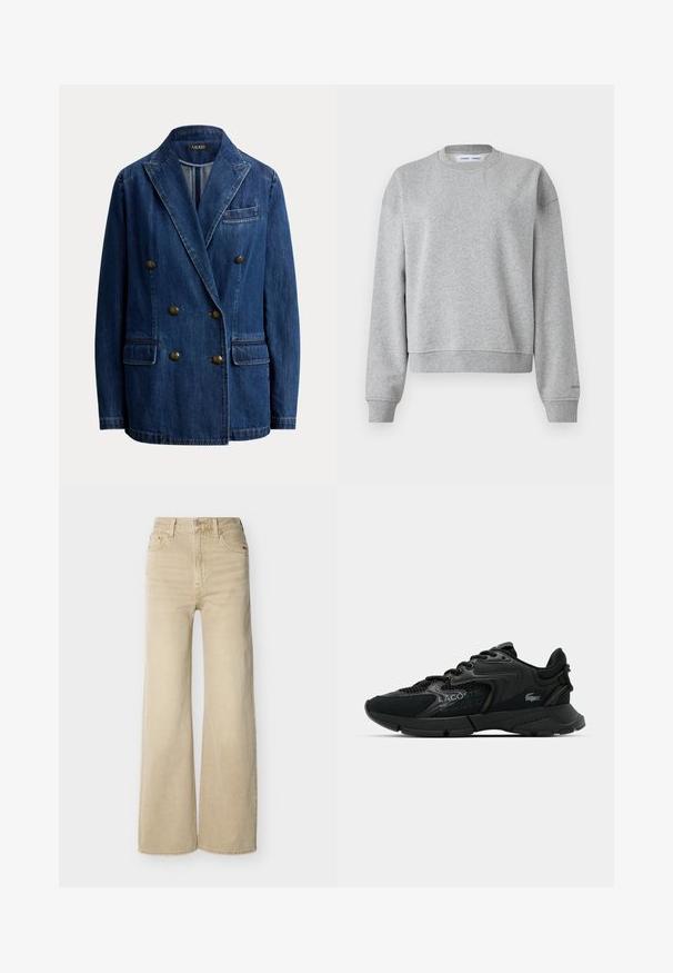 Double-breasted blauwe denimblazer met notched revers, twee voorzakken met klep, een borstzak en zes metalen knopen.; Grijze sweatshirt met een ronde hals, lange mouwen en een iets cropped ontwerp. Gemaakt van zachte stof met ribgebreide boorden en zoom.; Beige jeans met hoge taille en wijde pijpen, voorzien van knopen en rits aan de voorkant, voor- en achterzakken, en riemlussen, afgebeeld op een witte achtergrond.; Zwarte sportieve sneaker van mesh en synthetische materialen, met textuuraccenten, vetersluiting en een opvallend logo op de zijkant.