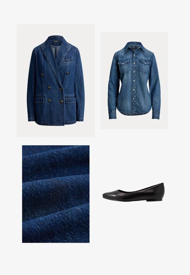 Dobbeltradet blå denim blazer med hakrevers, to forlommelommer, en brystlomme og seks metal knapper.; Langærmet blå denimskjorte med perleknapper, to brystlommer med klap og spids krave fra Polo Ralph Lauren.; Mørkeblå denimstof med en glat tekstur, subtil glans og let stræk. Synlig twill-mønster og fine, kontrasterende tråde.; Sort ballette sko lavet af glat læder med rund tå og lav, flad sål. Har en glat overflade med et enkelt og strømlinet design.
