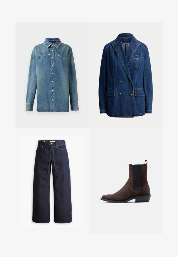 Dobbeltradet blå denim blazer med hakrevers, to forlommelommer, en brystlomme og seks metal knapper.; Blå denim skjorte med lange ærmer, trykknapper, spids krave og rhinsten-detaljer langs bærestykke og kravekanter.; Bredde ben mørkeblå denim jeans med høj talje, der har snoretræk, fem lommer og kontrastsyet detaljer.; Brun ruskind Chelsea-støvle med sort elastisk sidepanel, trækflig bagpå, lav hæl og spids tå på hvid baggrund.