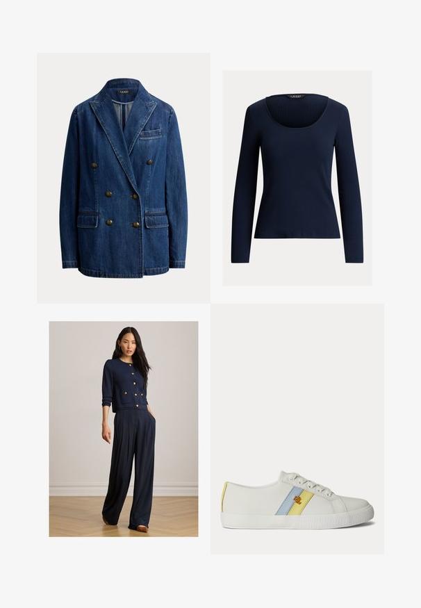 Dobbeltradet blå denim blazer med hakrevers, to forlommelommer, en brystlomme og seks metal knapper.; Mørkeblå ribbet langærmet bluse med bådudskæring og tætsiddende pasform.; Kvinde iført navyblå knappet cardigan med guldknapper og vide bukser, stående på trægulv mod en ensfarvet væg.; Hvid lavtop sneaker med blå og gule sidelister og et lille gyldent logo, med hvide snørebånd og en struktureret gummisål.