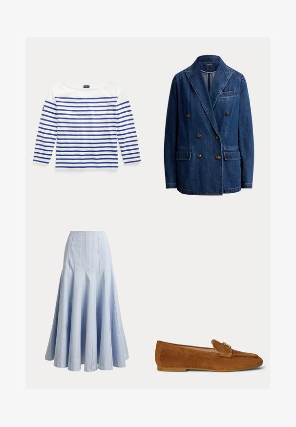Blazer de mezclilla azul de doble botonadura con solapas con muesca, dos bolsillos delanteros con solapa, un bolsillo en el pecho y seis botones de metal.; Camiseta de manga larga en algodón blanco con rayas azules horizontales. Presenta un escote barco y una pequeña etiqueta con el logo en la manga izquierda.; Falda larga azul claro con rayas blancas verticales finas y detalles acampanados en los paneles, mostrada sobre un fondo liso.; Mocasín plano de ante marrón con detalle de hebilla metálica dorada en la parte superior y suela de tacón bajo.