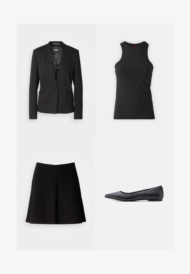 Sort blazer med en notch-krave, enkelt knaplukning og to forlommer. Fremstillet af glat stof med satinforing.; Sort ærmeløs tanktop lavet af strækbart stof. Har en rund hals og en tætsiddende silhuet med minimale syninger.; Sort flagrende nederdel lavet af blødt stof, med en tætsiddende talje og sømdetaljer. Glat tekstur med et enkelt, klassisk design.; Sort flad lædersko med spidst tåparti og lav hæl, vist i sideprofil mod en hvid baggrund.