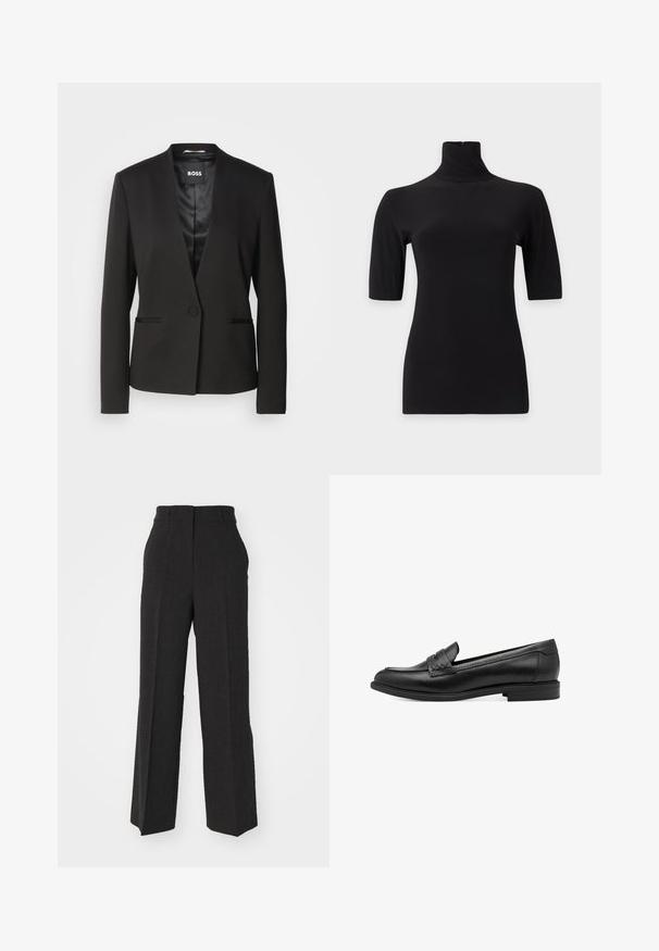 Blazer negro con cuello de muesca, cierre de un botón y dos bolsillos frontales. Fabricado en una tela suave con un forro de acabado satinado.; Top negro ajustado de manga corta y cuello alto, visto de frente sobre un fondo liso y claro.; Pantalones gris oscuro con un diseño de pierna ancha y ajustada. Presentan una tela texturizada, lazos para cinturón y una cintura de altura media. Dobladillo limpio y recto.; Mocasines de piel negra con una textura suave, que presentan un detalle trenzado en la parte superior y un tacón bajo y redondeado. Diseño y forma simples.