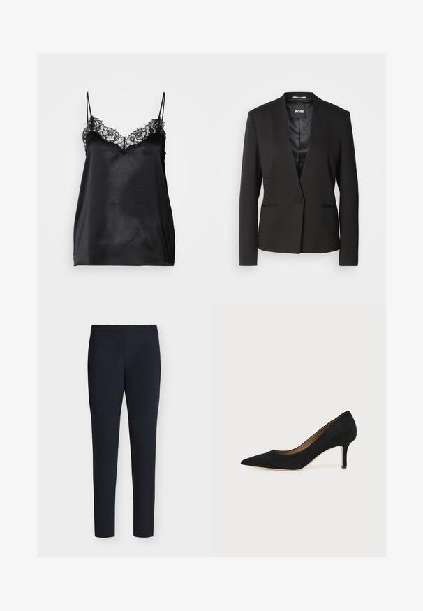 Schwarzer Blazer mit Reverskragen, einem Knopfverschluss und zwei Fronttaschen. Hergestellt aus glattem Stoff mit satinierter Innenseite.; Schwarze Satin-Camisole mit verstellbaren dünnen Trägern, die eine Spitzenbesatz entlang des Ausschnitts und eine glatte, glänzende Textur aufweist.; Schwarz, eng geschnittene, knöchellange Hose mit angenähtem Bund und ohne sichtbare Taschen, auf schlichtem hellem Hintergrund dargestellt.; Schwarzer Wildleder-Pumps mit spitzer Schuhspitze, schlankem mittelhohem Stiletto-Absatz und tiefem Ausschnitt auf einfachem Hintergrund.