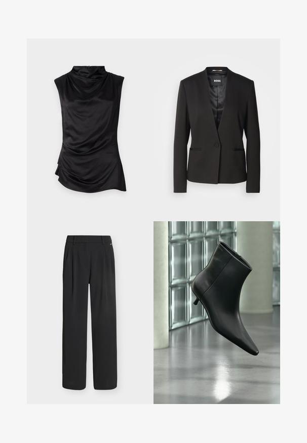 Blazer noir avec un col à cran, fermeture à un bouton et deux poches avant. Fabriqué en tissu lisse avec une doublure satinée.; Top sans manches noir en tissu lisse, présentant un col drapé, un ourlet asymétrique et un détail de fronces subtil sur le côté.; Pantalon noir taille haute à jambes larges avec passants de ceinture et plis devant, présenté sur un fond blanc uni.; Bottine en cuir noir à bout pointu et petit talon kitten, présentée en angle devant un sol poli et un mur en blocs de verre.