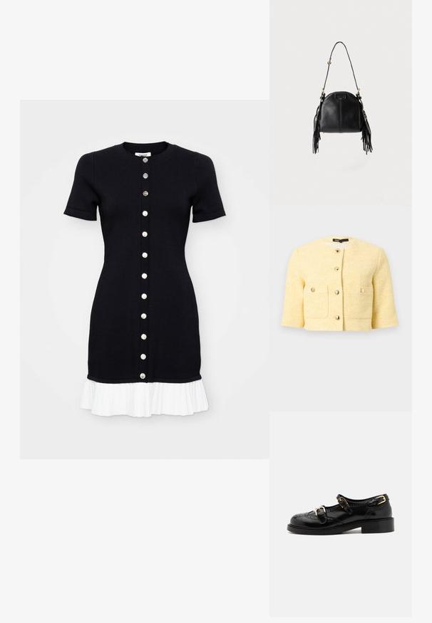 Veste courte jaune texturée à encolure ronde, manches trois-quarts, deux poches frontales et fermetures par boutons dorés.; Robe en tricot noire à manches courtes, avec un décolleté rond et un ourlet plissé blanc. Elle présente une fermeture à boutons sur le devant avec des boutons contrastants.; Chaussures en cuir noir avec détails de brogue, dotées de deux sangles à boucle, d'un bout arrondi et d'un talon bas. Texture lisse avec finition brillante.; Sac à main en cuir noir avec une forme courbée, une longue bandoulière réglable et des franges de chaque côté sur un fond clair.